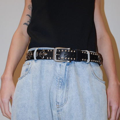 Dark Denim Skull Studded Punk Rock Leather Design Belt [ID:0535BE]