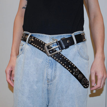 Dark Denim Skull Studded Punk Rock Leather Design Belt [ID:0535BE]