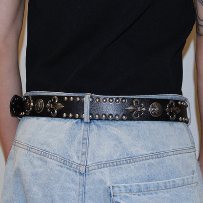Dark Denim Skull Studded Punk Rock Leather Design Belt [ID:0535BE]