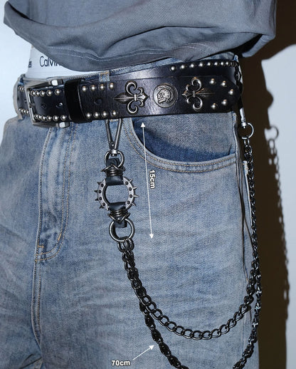 Dark Denim Skull Studded Punk Rock Leather Design Belt [ID:0535BE]
