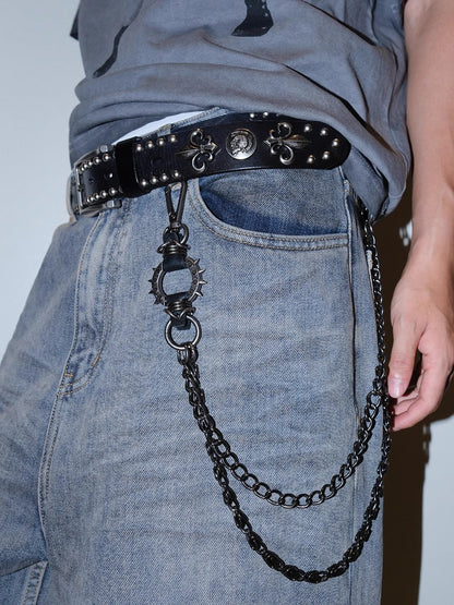 Dark Denim Skull Studded Punk Rock Leather Design Belt [ID:0535BE]