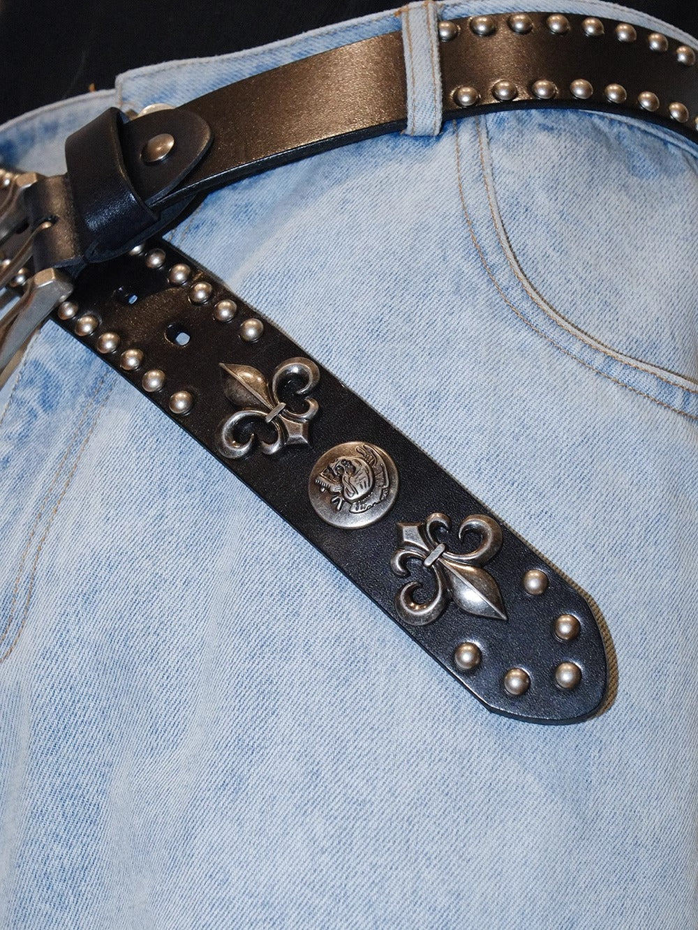 Dark Denim Skull Studded Punk Rock Leather Design Belt [ID:0535BE]