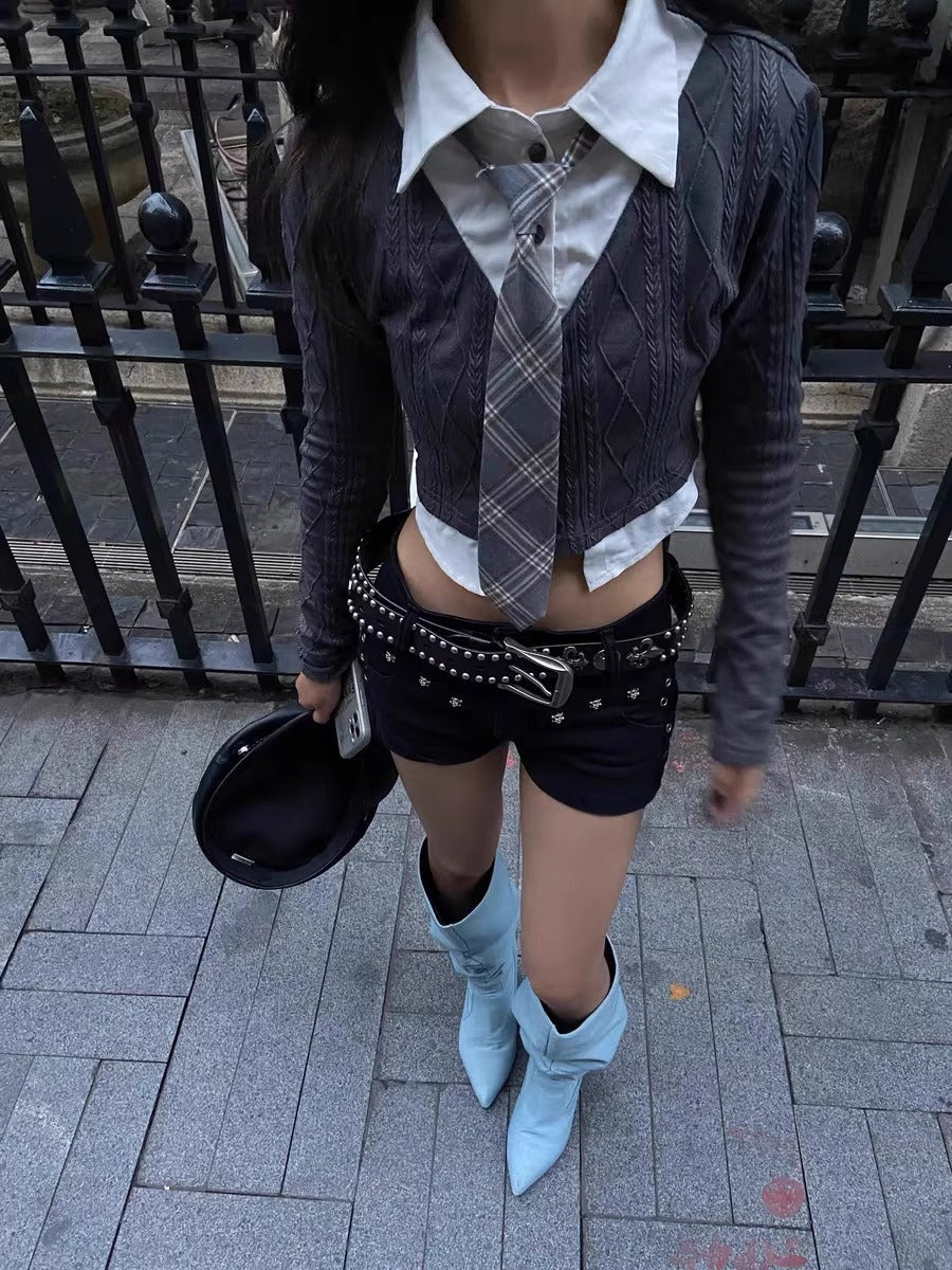 Dark Denim Skull Studded Punk Rock Leather Design Belt [ID:0535BE]