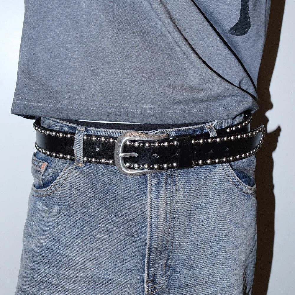 Dark Denim Skull Studded Punk Rock Leather Design Belt [ID:0535BE]