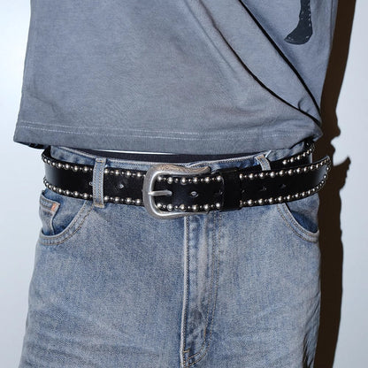 Dark Denim Skull Studded Punk Rock Leather Design Belt [ID:0535BE]