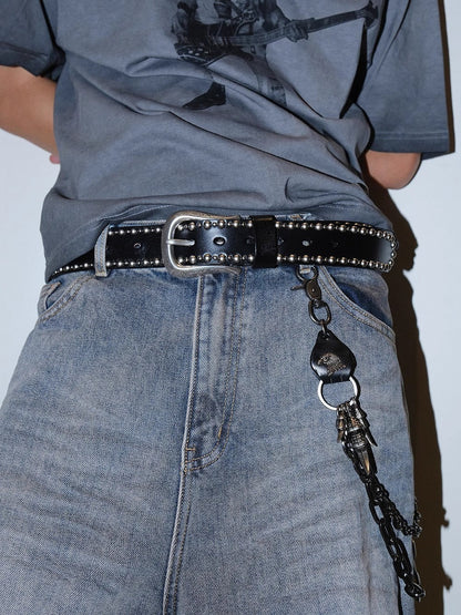 Dark Denim Skull Studded Punk Rock Leather Design Belt [ID:0535BE]