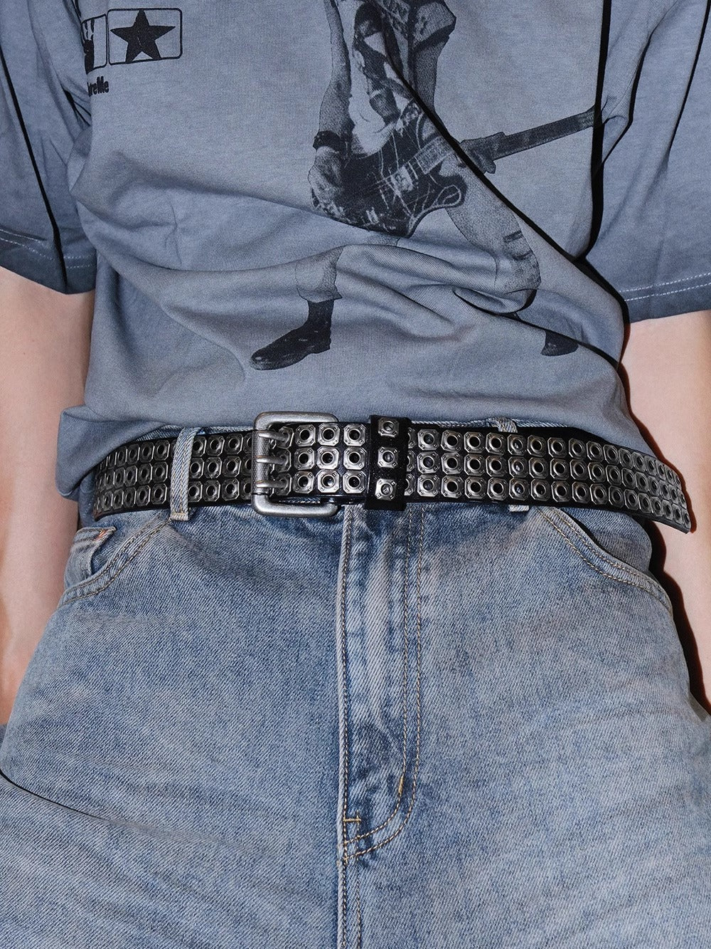 Dark Denim Skull Studded Punk Rock Leather Design Belt [ID:0535BE]