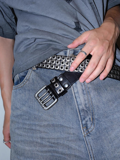 Dark Denim Skull Studded Punk Rock Leather Design Belt [ID:0535BE]