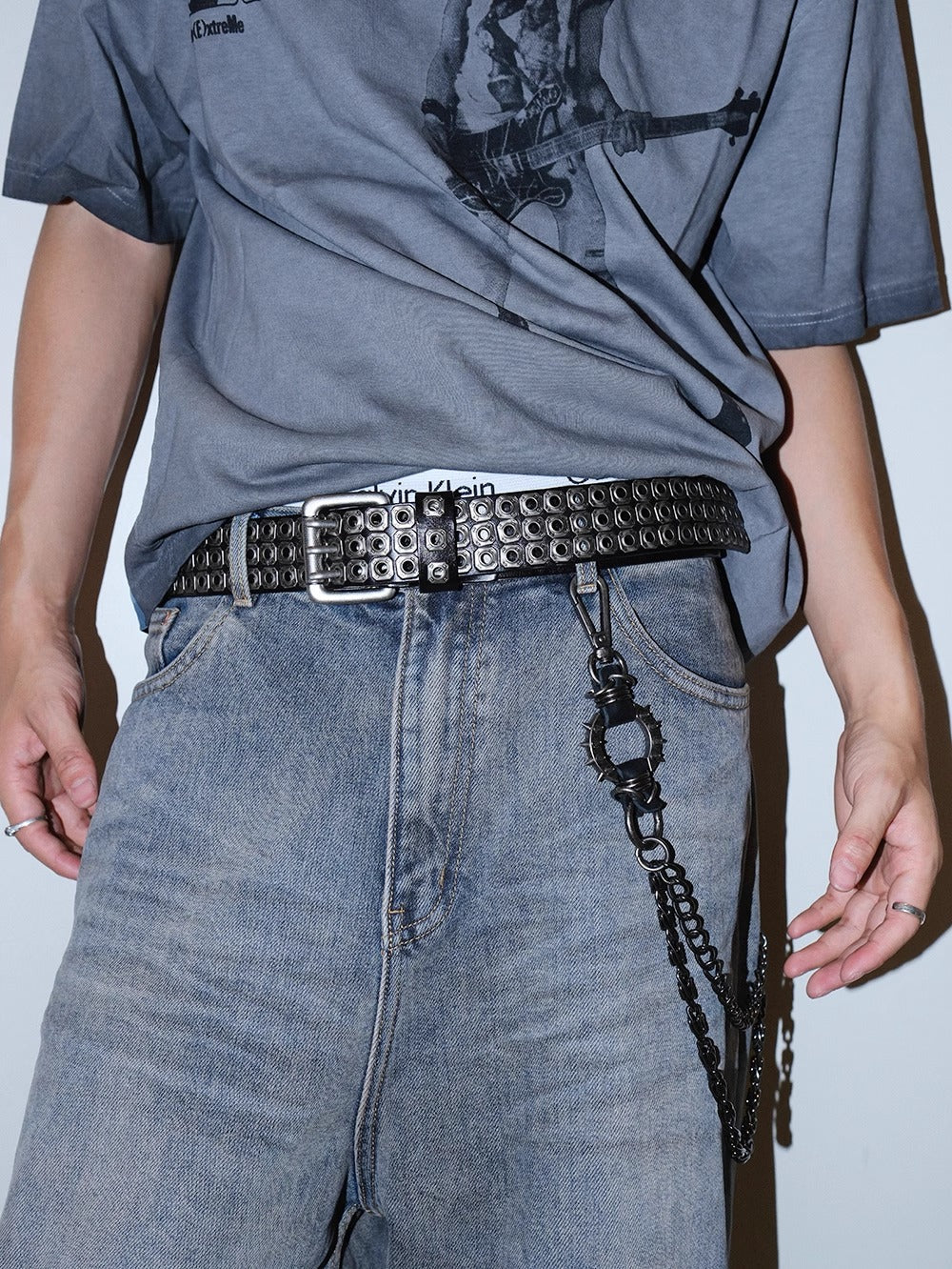 Dark Denim Skull Studded Punk Rock Leather Design Belt [ID:0535BE]