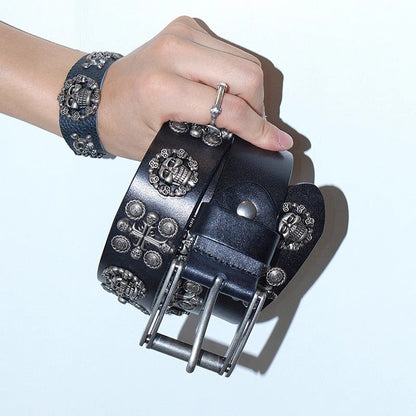 Dark Denim Skull Studded Punk Rock Leather Design Belt [ID:0535BE]