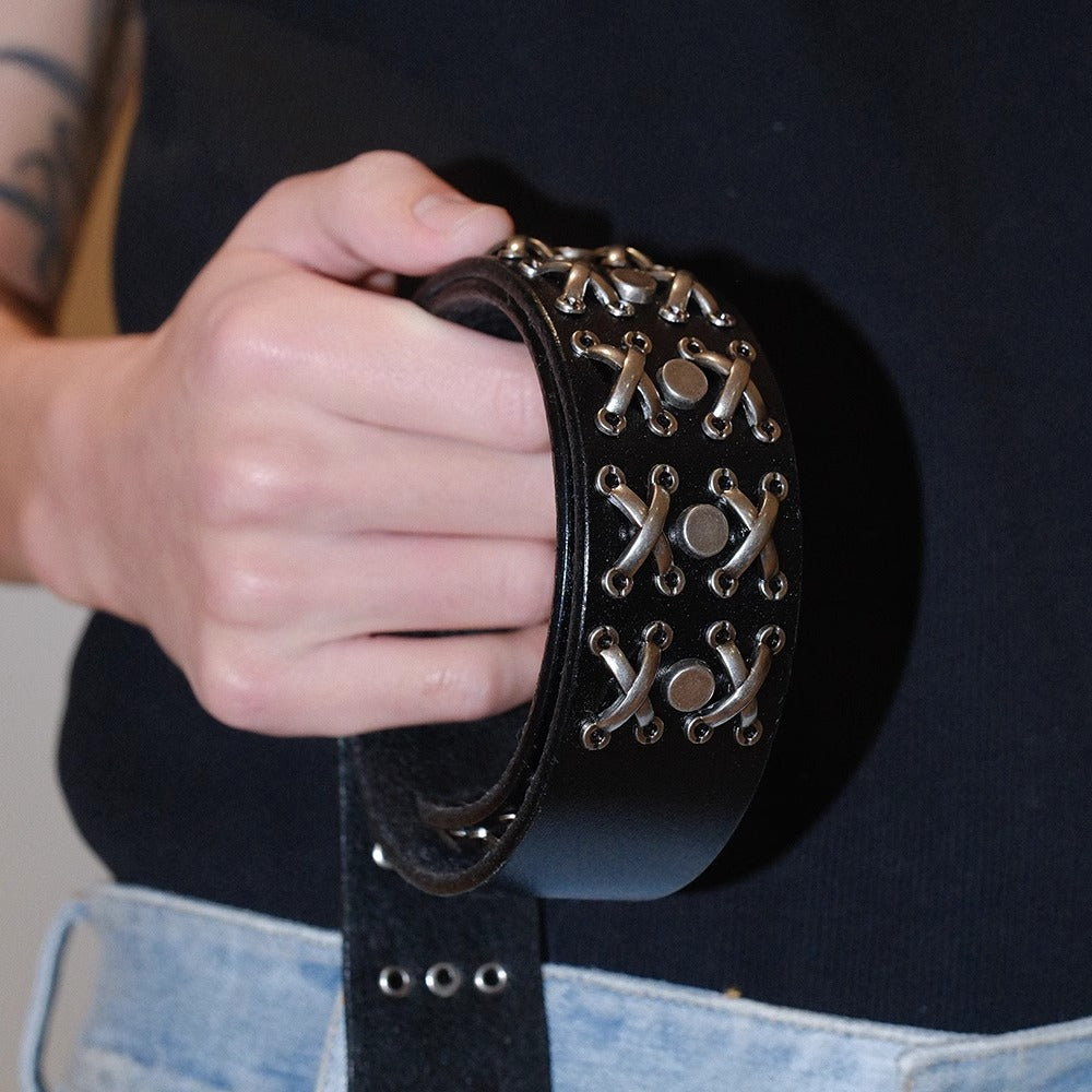 Dark Denim Skull Studded Punk Rock Leather Design Belt [ID:0535BE]