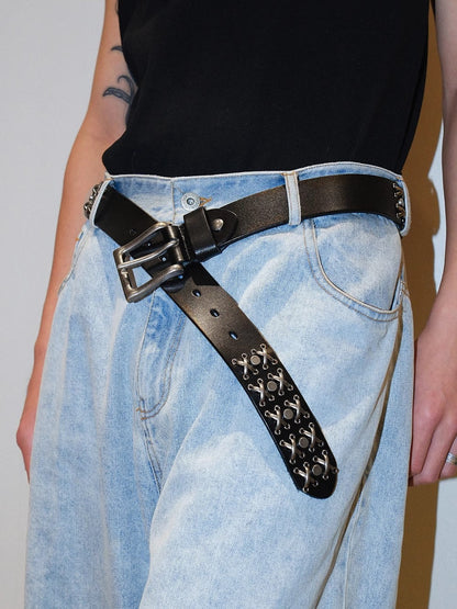 Dark Denim Skull Studded Punk Rock Leather Design Belt [ID:0535BE]