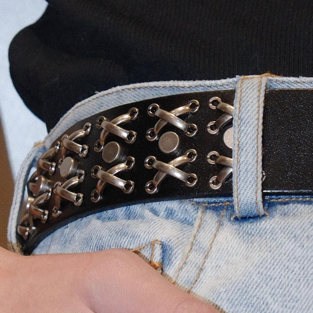 Dark Denim Skull Studded Punk Rock Leather Design Belt [ID:0535BE]