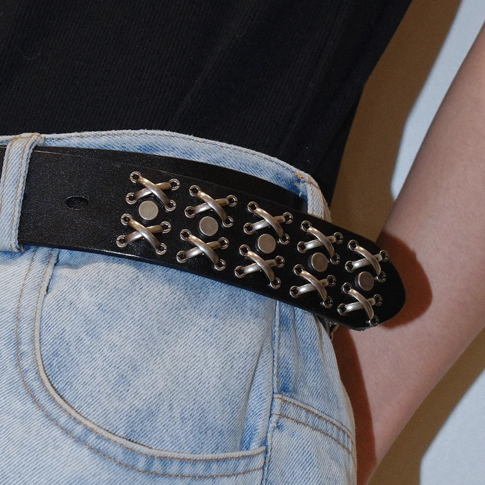 Dark Denim Skull Studded Punk Rock Leather Design Belt [ID:0535BE]