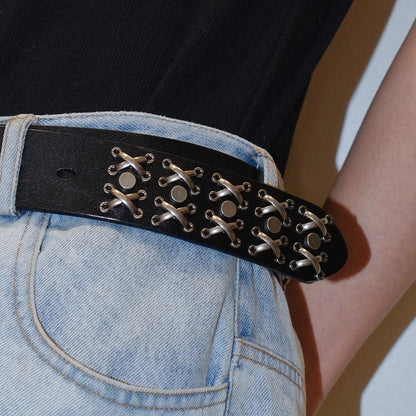 Dark Denim Skull Studded Punk Rock Leather Design Belt [ID:0535BE]