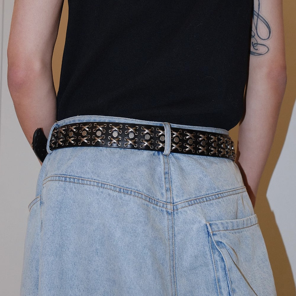 Dark Denim Skull Studded Punk Rock Leather Design Belt [ID:0535BE]