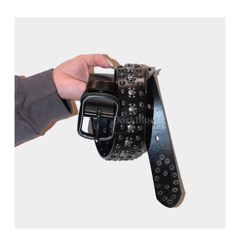Dark Denim Skull Studded Punk Rock Leather Design Belt [ID:0535BE]
