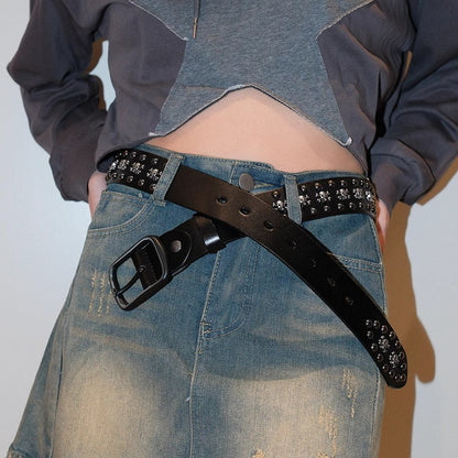 Dark Denim Skull Studded Punk Rock Leather Design Belt [ID:0535BE]