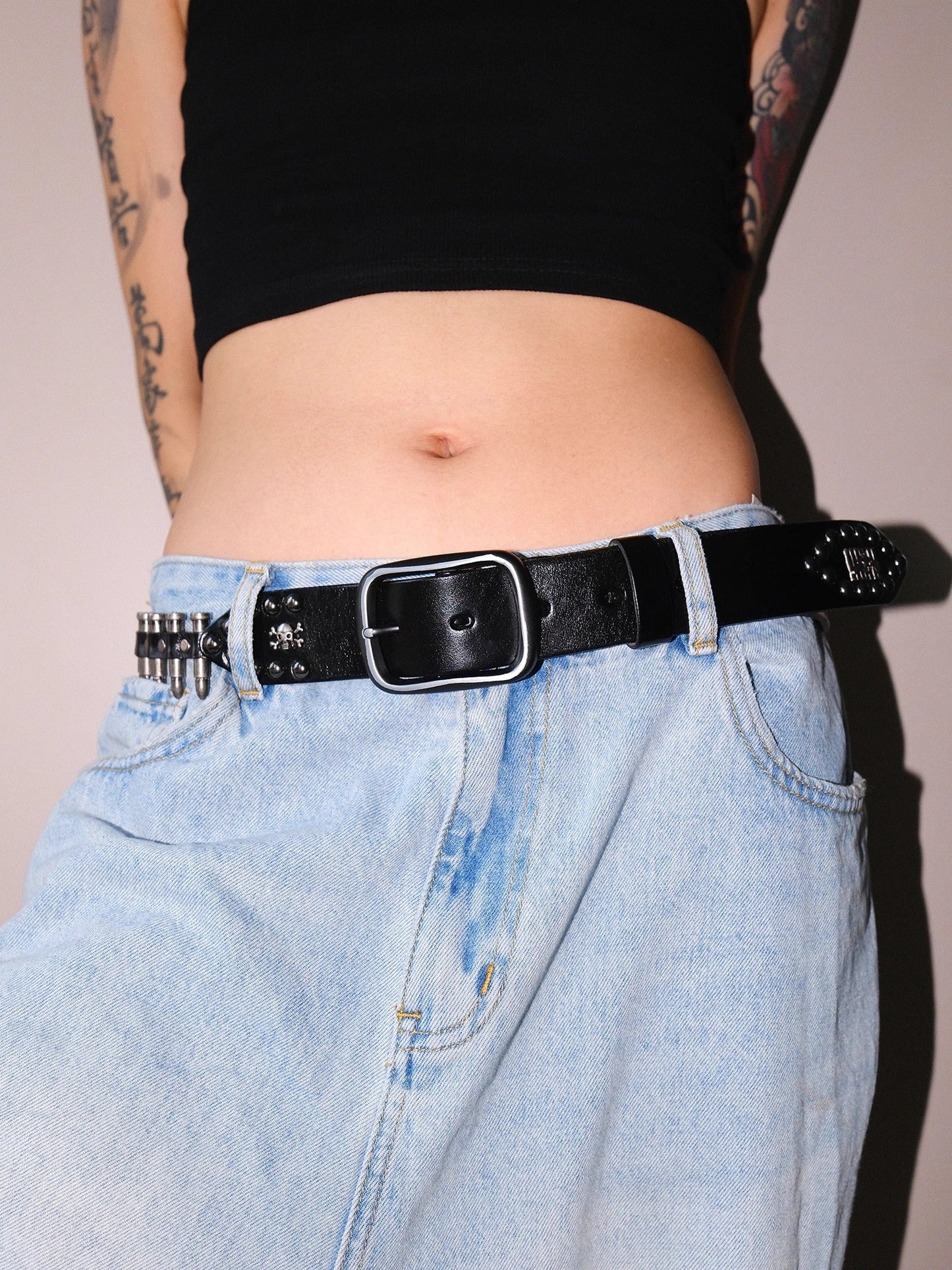 Dark Denim Skull Studded Punk Rock Leather Design Belt [ID:0535BE]