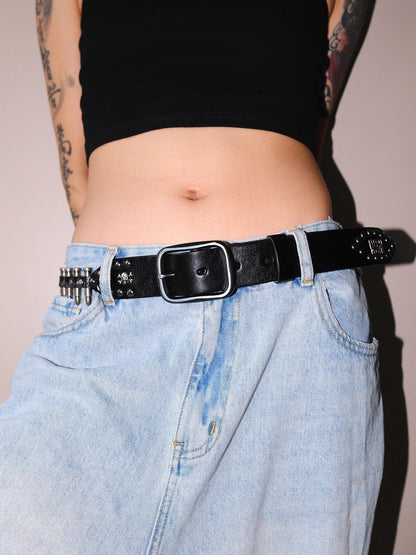 Dark Denim Skull Studded Punk Rock Leather Design Belt [ID:0535BE]