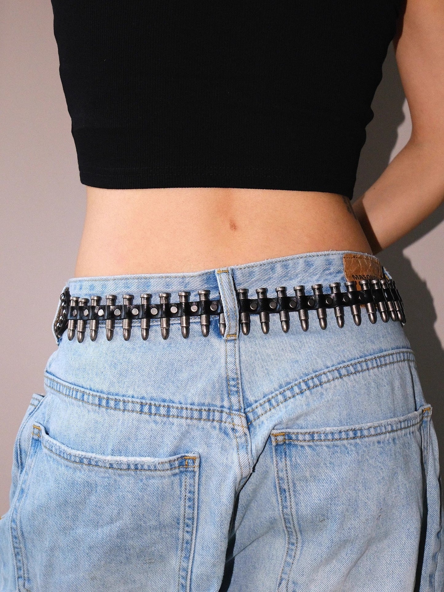 Dark Denim Skull Studded Punk Rock Leather Design Belt [ID:0535BE]