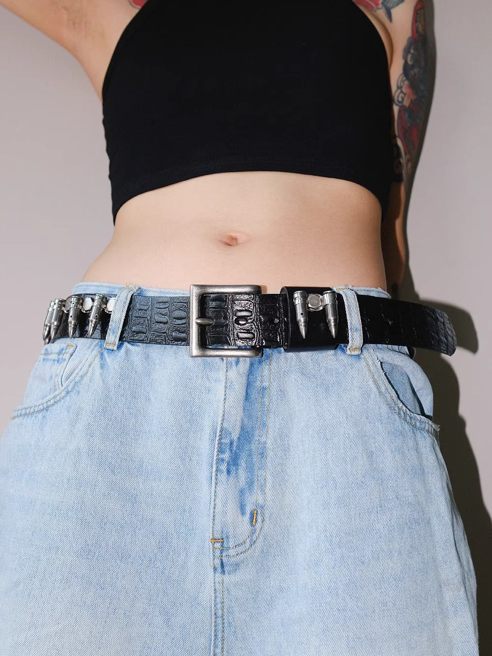 Dark Denim Skull Studded Punk Rock Leather Design Belt [ID:0535BE]