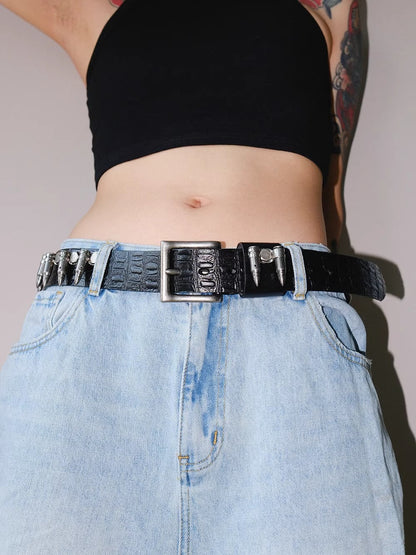 Dark Denim Skull Studded Punk Rock Leather Design Belt [ID:0535BE]