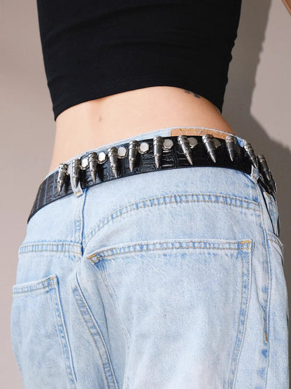 Dark Denim Skull Studded Punk Rock Leather Design Belt [ID:0535BE]