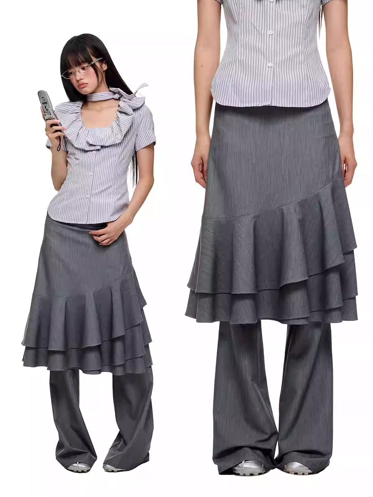 Layered Ruffled Overlay Flared Basic Straight Skirt Pants [ID:0536PA]