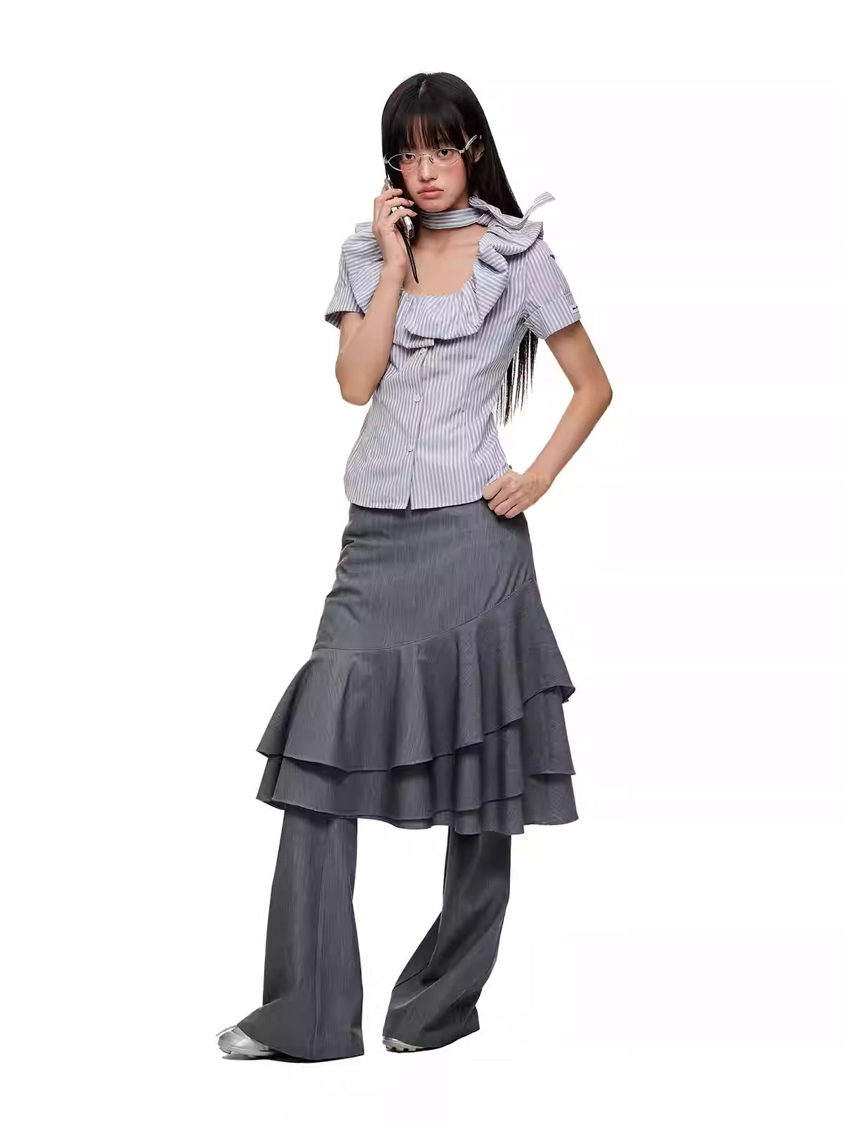 Layered Ruffled Overlay Flared Basic Straight Skirt Pants [ID:0536PA]