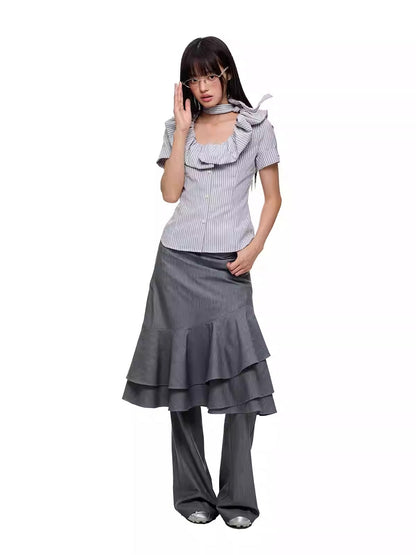 Layered Ruffled Overlay Flared Basic Straight Skirt Pants [ID:0536PA]
