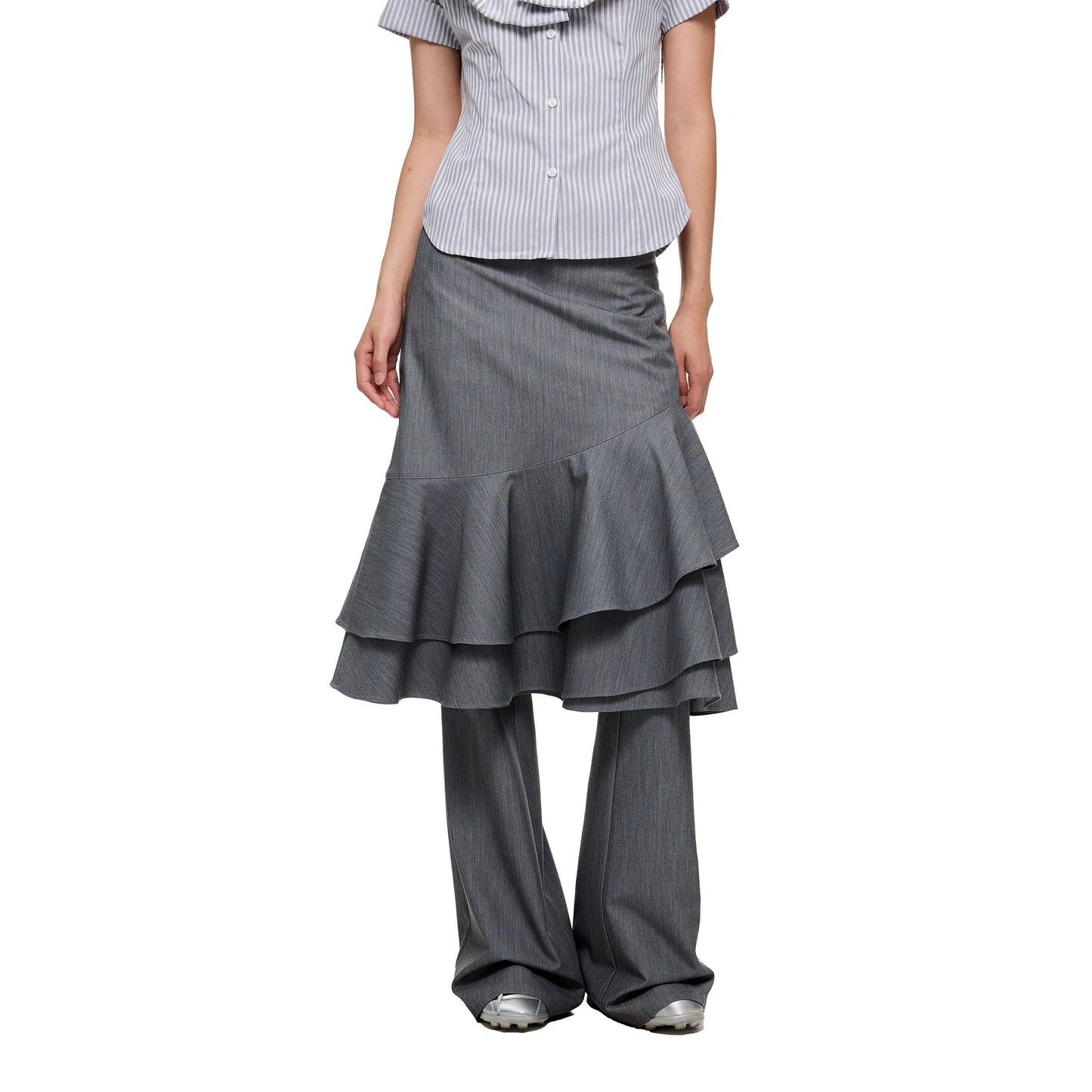 Layered Ruffled Overlay Flared Basic Straight Skirt Pants [ID:0536PA]