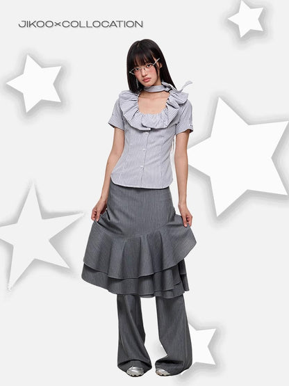 Layered Ruffled Overlay Flared Basic Straight Skirt Pants [ID:0536PA]
