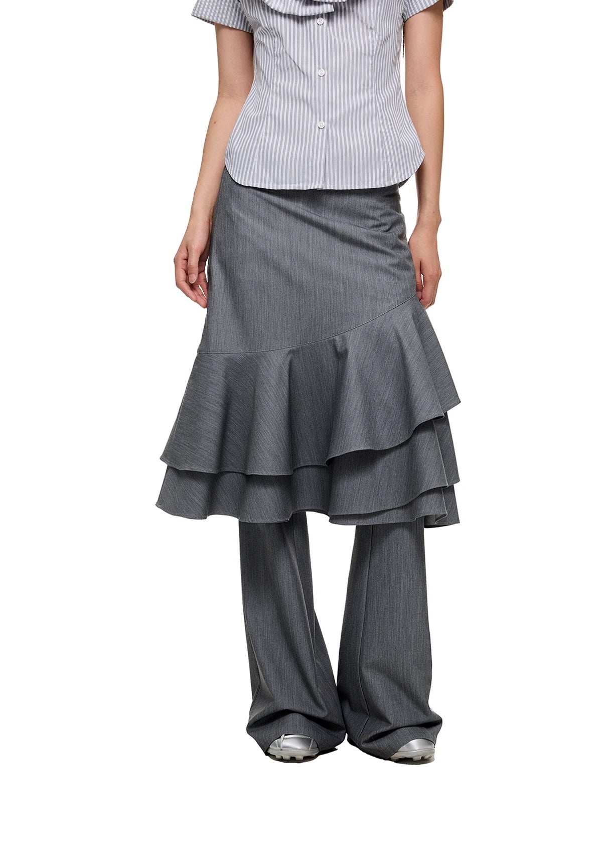 Layered Ruffled Overlay Flared Basic Straight Skirt Pants [ID:0536PA]