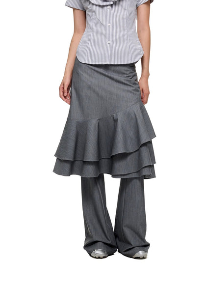 Layered Ruffled Overlay Flared Basic Straight Skirt Pants [ID:0536PA]