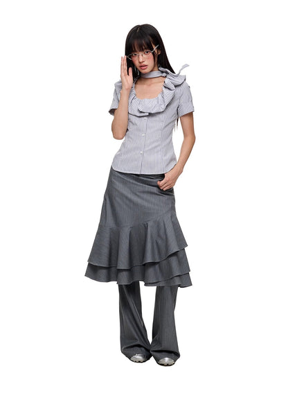 Layered Ruffled Overlay Flared Basic Straight Skirt Pants [ID:0536PA]