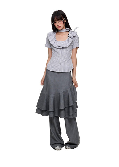 Layered Ruffled Overlay Flared Basic Straight Skirt Pants [ID:0536PA]