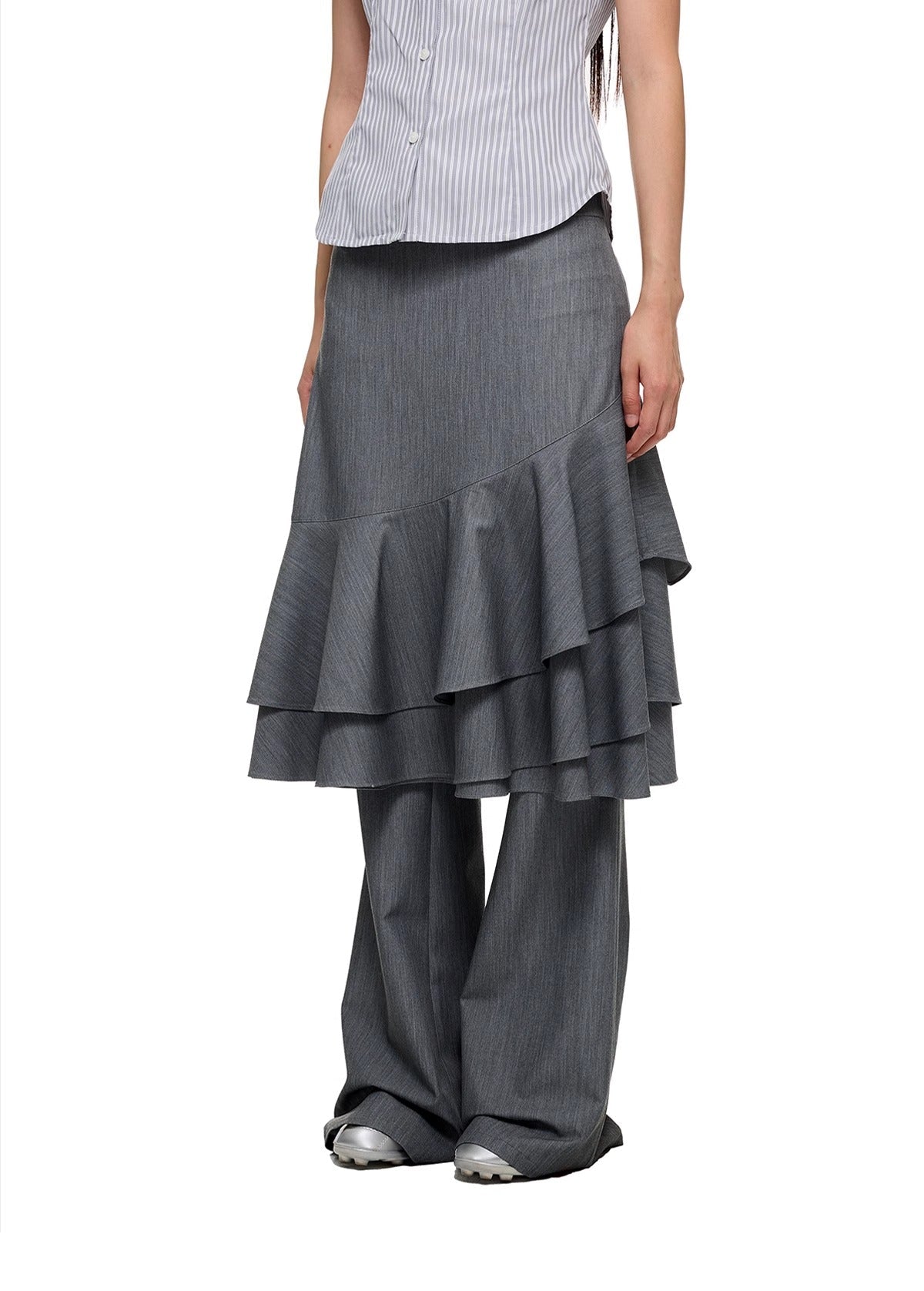 Layered Ruffled Overlay Flared Basic Straight Skirt Pants [ID:0536PA]