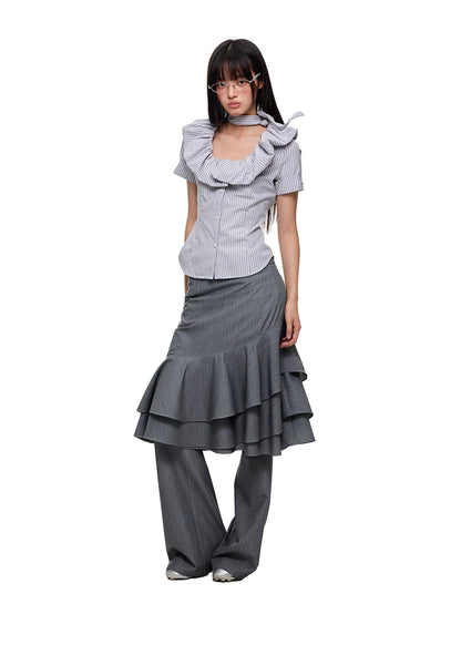 Layered Ruffled Overlay Flared Basic Straight Skirt Pants [ID:0536PA]