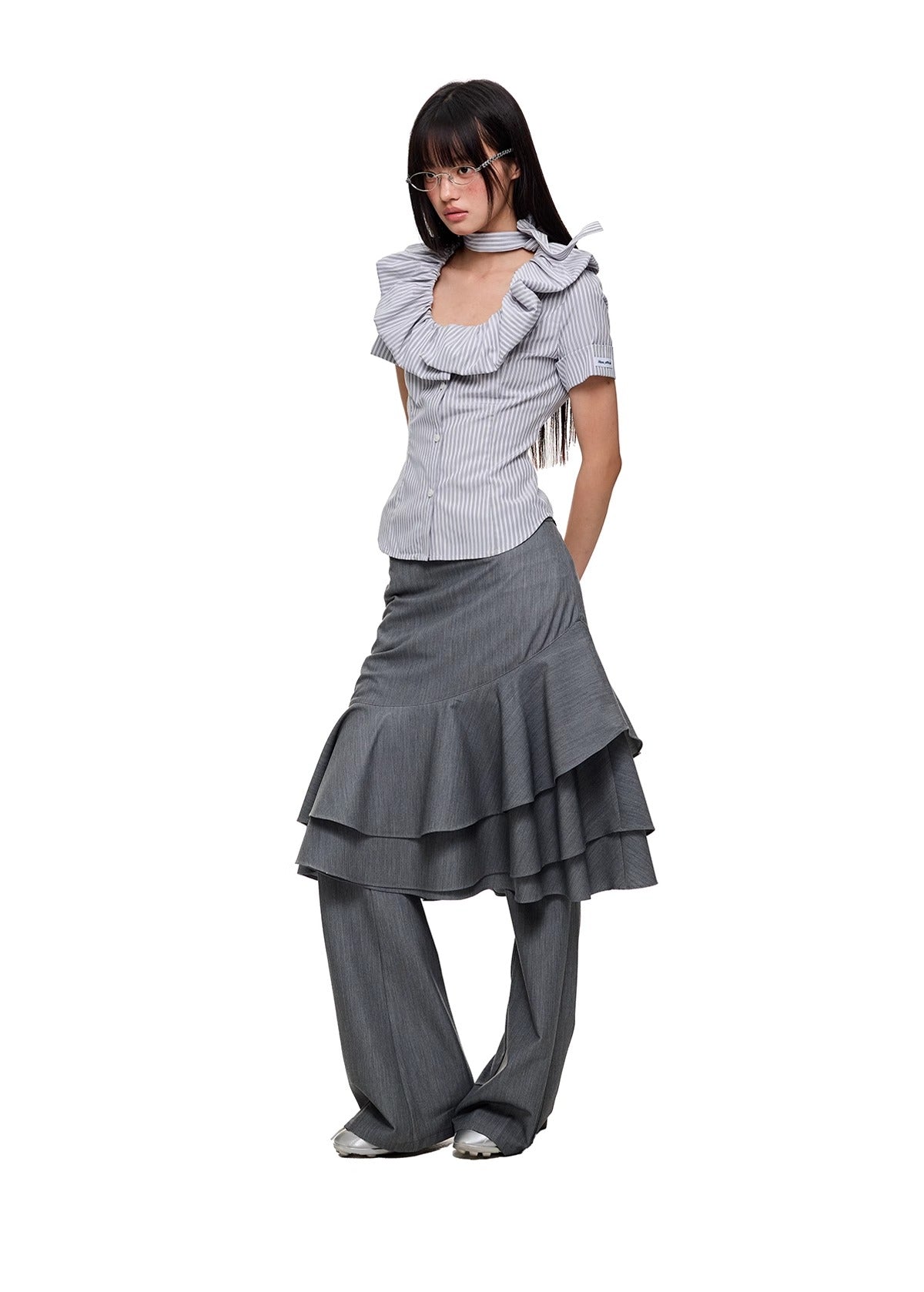 Layered Ruffled Overlay Flared Basic Straight Skirt Pants [ID:0536PA]