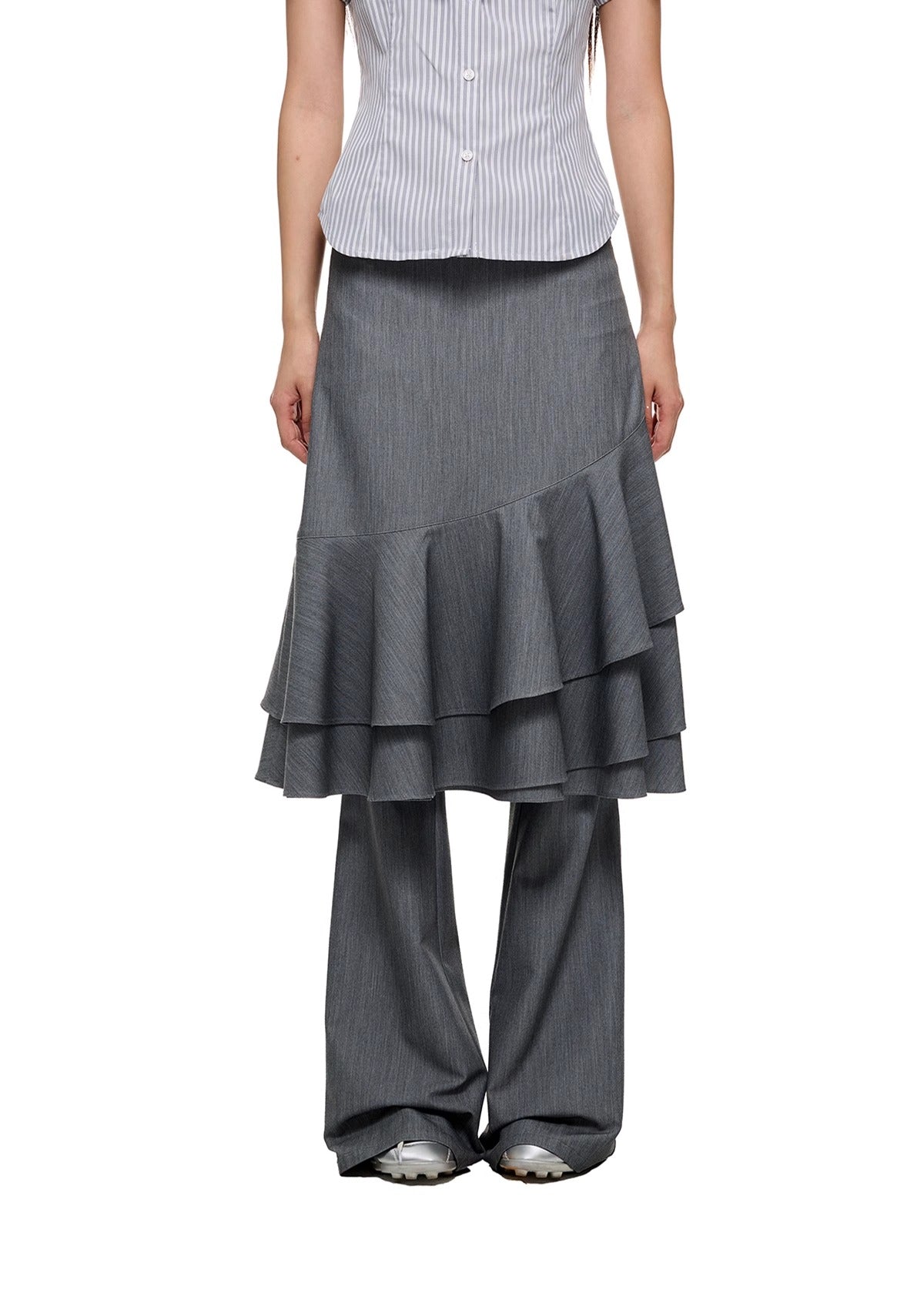 Layered Ruffled Overlay Flared Basic Straight Skirt Pants [ID:0536PA]