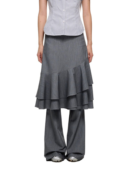 Layered Ruffled Overlay Flared Basic Straight Skirt Pants [ID:0536PA]