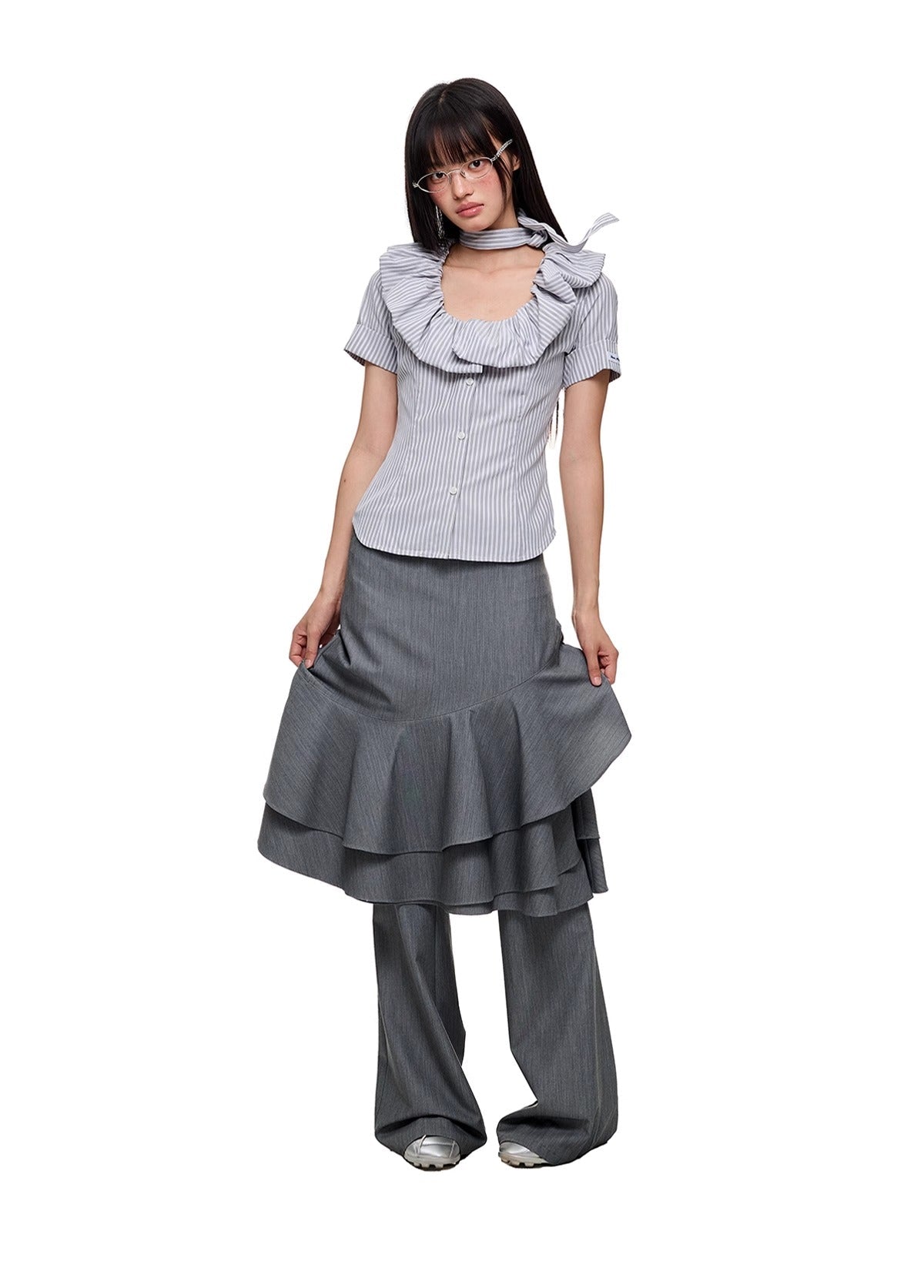 Layered Ruffled Overlay Flared Basic Straight Skirt Pants [ID:0536PA]