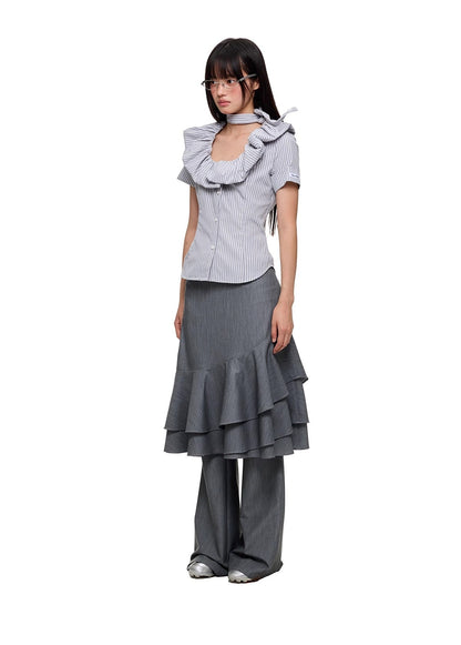 Layered Ruffled Overlay Flared Basic Straight Skirt Pants [ID:0536PA]