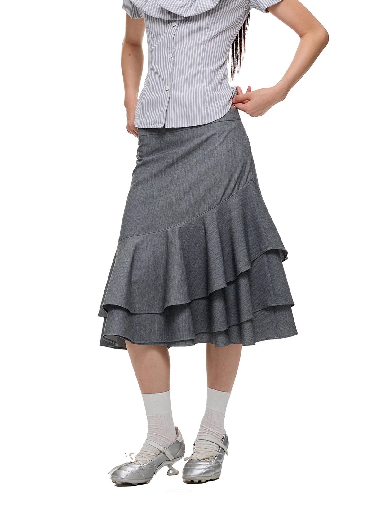 Layered Ruffled Overlay Flared Basic Straight Skirt Pants [ID:0536PA]