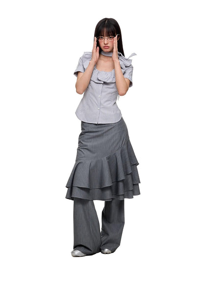 Layered Ruffled Overlay Flared Basic Straight Skirt Pants [ID:0536PA]