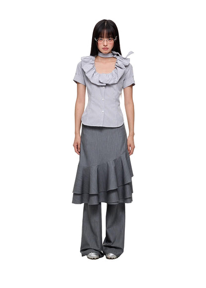 Layered Ruffled Overlay Flared Basic Straight Skirt Pants [ID:0536PA]