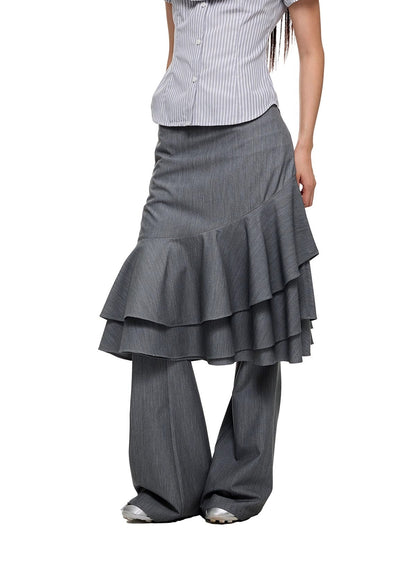 Layered Ruffled Overlay Flared Basic Straight Skirt Pants [ID:0536PA]