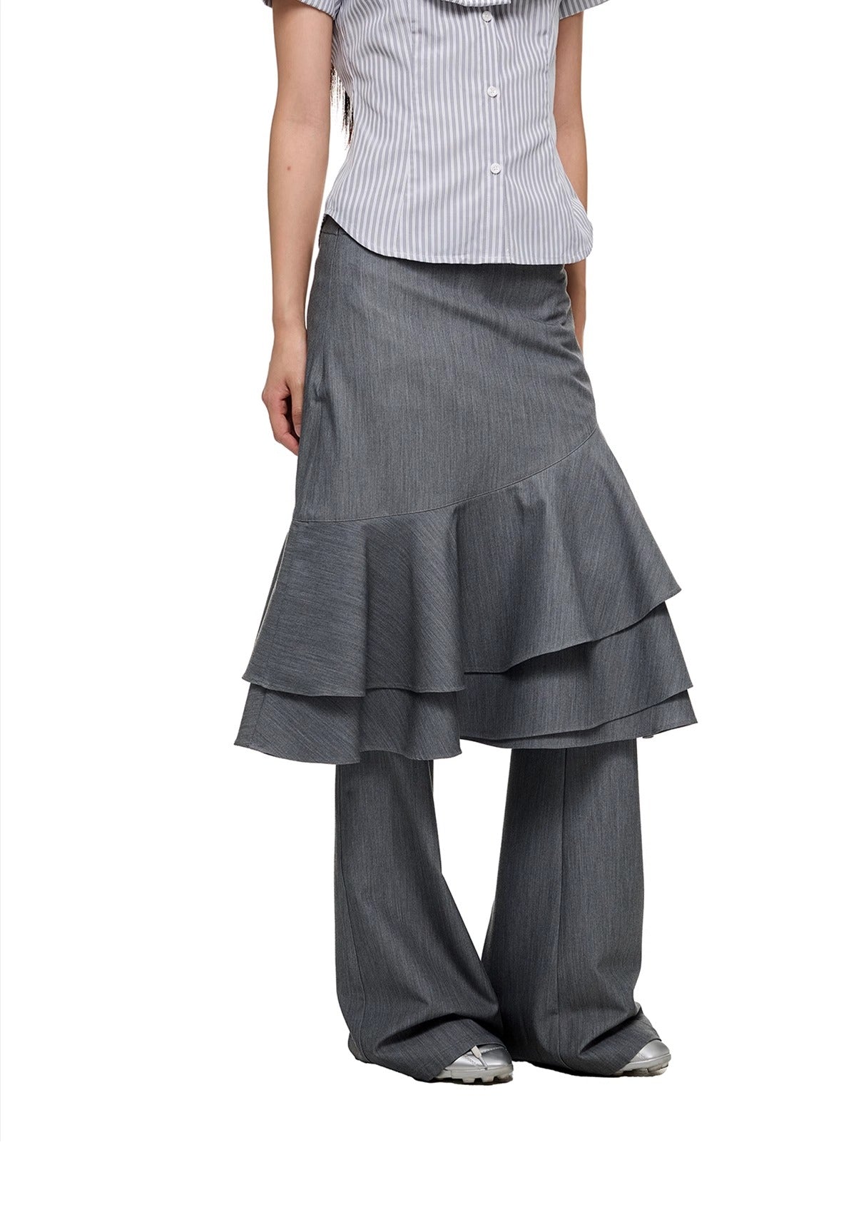 Layered Ruffled Overlay Flared Basic Straight Skirt Pants [ID:0536PA]