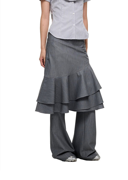 Layered Ruffled Overlay Flared Basic Straight Skirt Pants [ID:0536PA]
